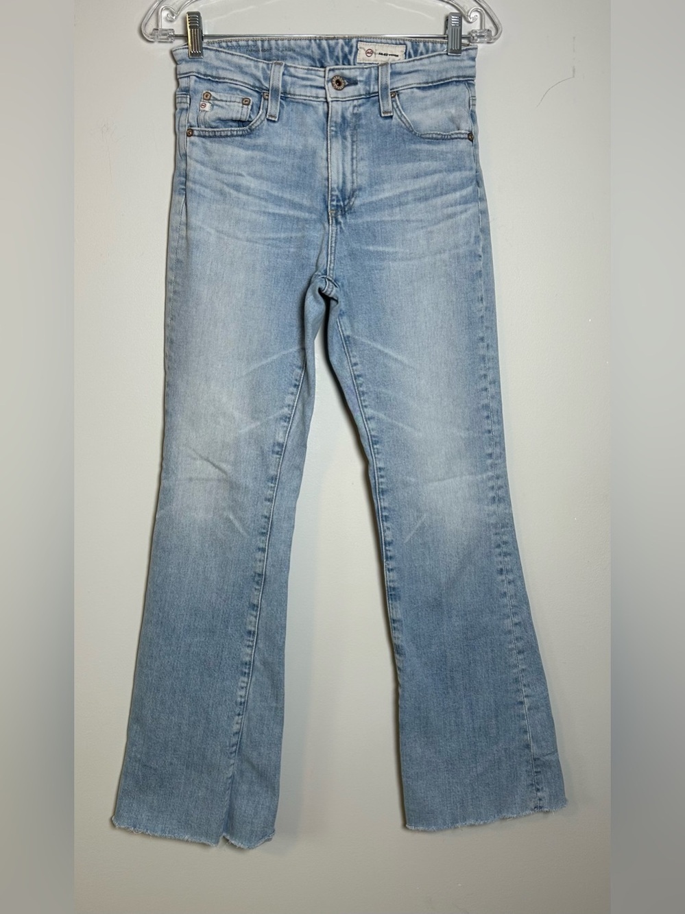 AG Adriano Goldschmied Farrah boot high rise jeans light wash raw hem size 27
